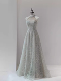 Niulatu A Line High Neckline Silver Sequin Long Prom Dress HZ1110