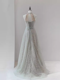 Niulatu A Line High Neckline Silver Sequin Long Prom Dress HZ1110