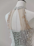 Niulatu A Line High Neckline Silver Sequin Long Prom Dress HZ1110