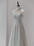 Niulatu A Line High Neckline Silver Sequin Long Prom Dress HZ1110