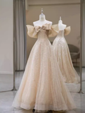 Niulatu A Line Off The Shoulder Champagne Sequin Long Prom Dress HZ1110