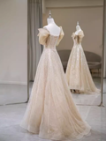 Niulatu A Line Off The Shoulder Champagne Sequin Long Prom Dress HZ1110