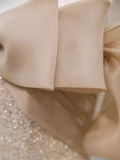 Niulatu A Line Off The Shoulder Champagne Sequin Long Prom Dress HZ1110