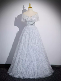 Niulatu A Line Off The Shoulder Silver Gray Feathers Long Prom Dress HZ1110