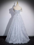 Niulatu A Line Off The Shoulder Silver Gray Feathers Long Prom Dress HZ1110