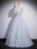 Niulatu A Line Off The Shoulder Silver Gray Feathers Long Prom Dress HZ1110