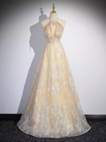 Niulatu A Line High Neckline Champagne Long Prom Dress HZ1110