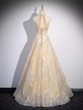 Niulatu A Line High Neckline Champagne Long Prom Dress HZ1110