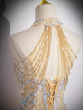Niulatu A Line High Neckline Champagne Long Prom Dress HZ1110