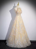 Niulatu A Line High Neckline Champagne Long Prom Dress HZ1110