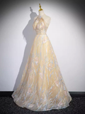 Niulatu A Line High Neckline Champagne Long Prom Dress HZ1110
