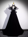 Niulatu A line High Neckline Velvet Black Long Prom Dress HZ1110