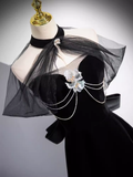 Niulatu A line High Neckline Velvet Black Long Prom Dress HZ1110
