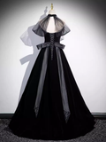 Niulatu A line High Neckline Velvet Black Long Prom Dress HZ1110