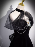 Niulatu A line High Neckline Velvet Black Long Prom Dress HZ1110