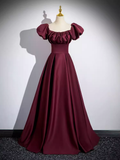 Niulatu A line Strapless Satin Burgundy Long Prom Dress HZ1110