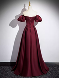 Niulatu A line Strapless Satin Burgundy Long Prom Dress HZ1110