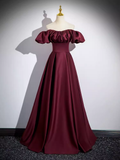 Niulatu A line Strapless Satin Burgundy Long Prom Dress HZ1110