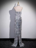 Niulatu Sheath Strapless Sequin Silver Long Prom Dress HZ1110