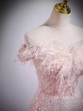 Niulatu A Line Off The Shoulder Pink Long Prom Dress HZ1110