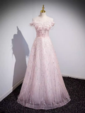 Niulatu A Line Off The Shoulder Pink Long Prom Dress HZ1110