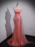 Niulatu Mermaid Strapless Pink Long Prom Dress HZ1110