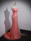 Niulatu Mermaid Strapless Pink Long Prom Dress HZ1110