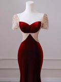 Niulatu Short Sleeves Burgundy Long Prom Dress HZ1110