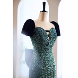 Niulatu Short Sleeves Green Sequin Long Prom Dress HZ1110