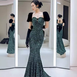 Niulatu Short Sleeves Green Sequin Long Prom Dress HZ1110