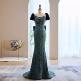 Niulatu Short Sleeves Green Sequin Long Prom Dress HZ1110