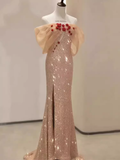 Niulatu Off The Shoulder Short Sleeves Sequin Long Prom Dress HZ1110