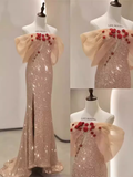 Niulatu Off The Shoulder Short Sleeves Sequin Long Prom Dress HZ1110