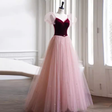 Niulatu A line Short Sleeves Tulle Long Prom Dress HZ1110