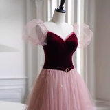 Niulatu A line Short Sleeves Tulle Long Prom Dress HZ1110