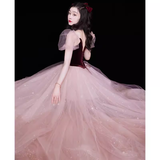 Niulatu A line Short Sleeves Tulle Long Prom Dress HZ1110