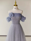 Niulatu A line Strapless Short Sleeves Tulle Long Prom Dress HZ1110