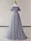 Niulatu A line Strapless Short Sleeves Tulle Long Prom Dress HZ1110