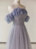 Niulatu A line Strapless Short Sleeves Tulle Long Prom Dress HZ1110