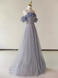 Niulatu A line Strapless Short Sleeves Tulle Long Prom Dress HZ1110