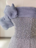 Niulatu A line Strapless Short Sleeves Tulle Long Prom Dress HZ1110