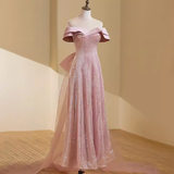 Niulatu A line Off The Shoulder Short Sleeves Pink Long Prom Dress HZ1110