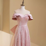 Niulatu A line Off The Shoulder Short Sleeves Pink Long Prom Dress HZ1110