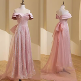 Niulatu A line Off The Shoulder Short Sleeves Pink Long Prom Dress HZ1110