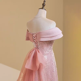 Niulatu A line Off The Shoulder Short Sleeves Pink Long Prom Dress HZ1110