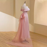 Niulatu A line Off The Shoulder Short Sleeves Pink Long Prom Dress HZ1110