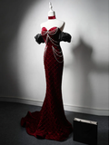 Niulatu Mermaid Velvet Burgundy Long Prom Dress HZ1110