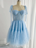 Niulatu Sweetheart Neck Tulle Blue Short Homecoming Dresses HZ1110