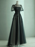Niulatu Tulle Butterfly Long Black Prom Dress HZ1110