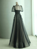 Niulatu Tulle Butterfly Long Black Prom Dress HZ1110